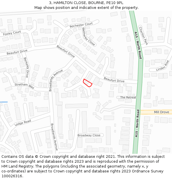 3, HAMILTON CLOSE, BOURNE, PE10 9PL: Location map and indicative extent of plot