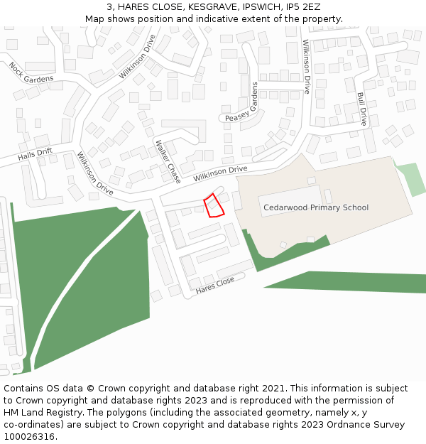 3, HARES CLOSE, KESGRAVE, IPSWICH, IP5 2EZ: Location map and indicative extent of plot