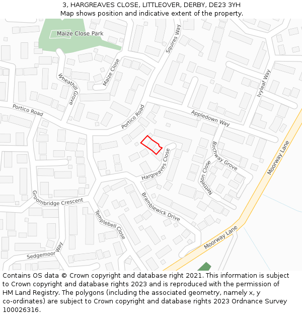 3, HARGREAVES CLOSE, LITTLEOVER, DERBY, DE23 3YH: Location map and indicative extent of plot