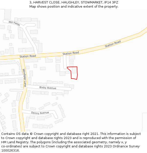 3, HARVEST CLOSE, HAUGHLEY, STOWMARKET, IP14 3PZ: Location map and indicative extent of plot