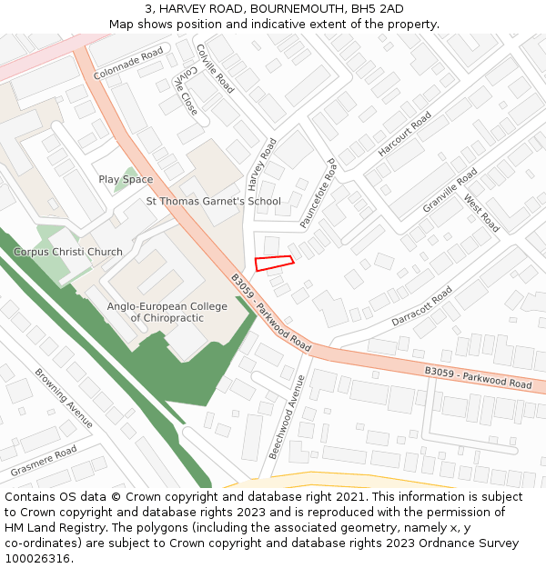 3, HARVEY ROAD, BOURNEMOUTH, BH5 2AD: Location map and indicative extent of plot