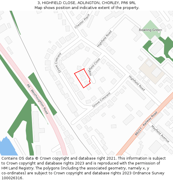 3, HIGHFIELD CLOSE, ADLINGTON, CHORLEY, PR6 9RL: Location map and indicative extent of plot