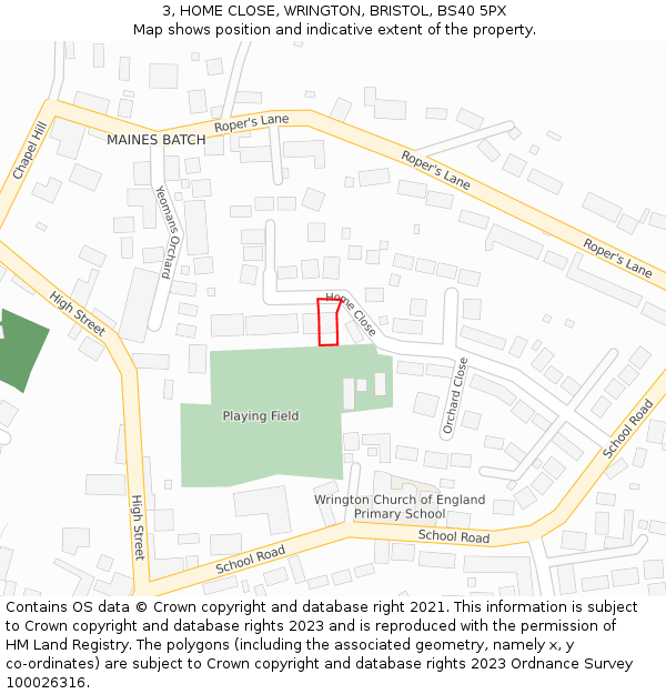 3, HOME CLOSE, WRINGTON, BRISTOL, BS40 5PX: Location map and indicative extent of plot