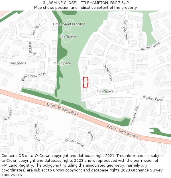 3, JASMINE CLOSE, LITTLEHAMPTON, BN17 6UP: Location map and indicative extent of plot