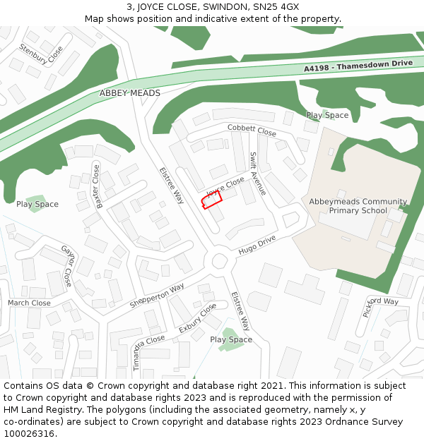 3, JOYCE CLOSE, SWINDON, SN25 4GX: Location map and indicative extent of plot