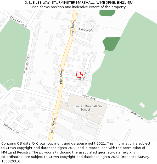 3, JUBILEE WAY, STURMINSTER MARSHALL, WIMBORNE, BH21 4JU: Location map and indicative extent of plot