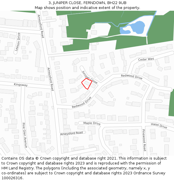 3, JUNIPER CLOSE, FERNDOWN, BH22 9UB: Location map and indicative extent of plot