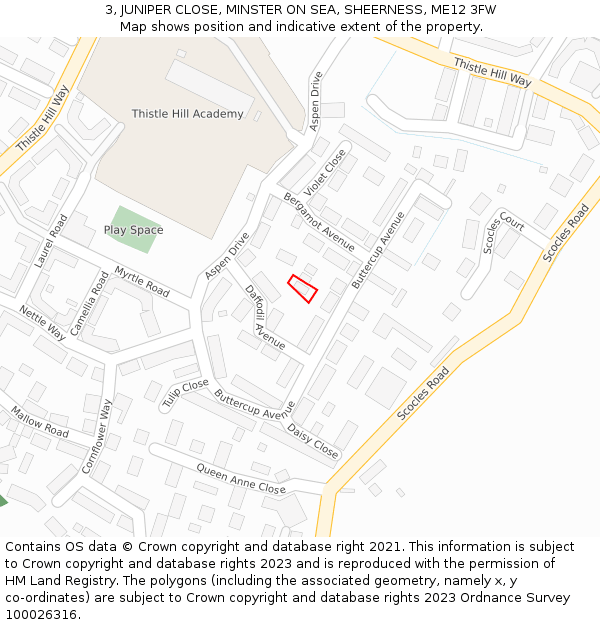 3, JUNIPER CLOSE, MINSTER ON SEA, SHEERNESS, ME12 3FW: Location map and indicative extent of plot