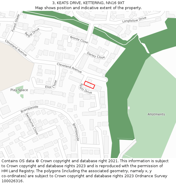 3, KEATS DRIVE, KETTERING, NN16 9XT: Location map and indicative extent of plot