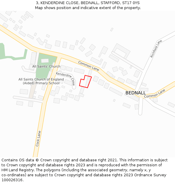 3, KENDERDINE CLOSE, BEDNALL, STAFFORD, ST17 0YS: Location map and indicative extent of plot