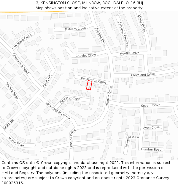 3, KENSINGTON CLOSE, MILNROW, ROCHDALE, OL16 3HJ: Location map and indicative extent of plot