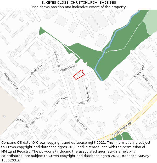 3, KEYES CLOSE, CHRISTCHURCH, BH23 3ES: Location map and indicative extent of plot