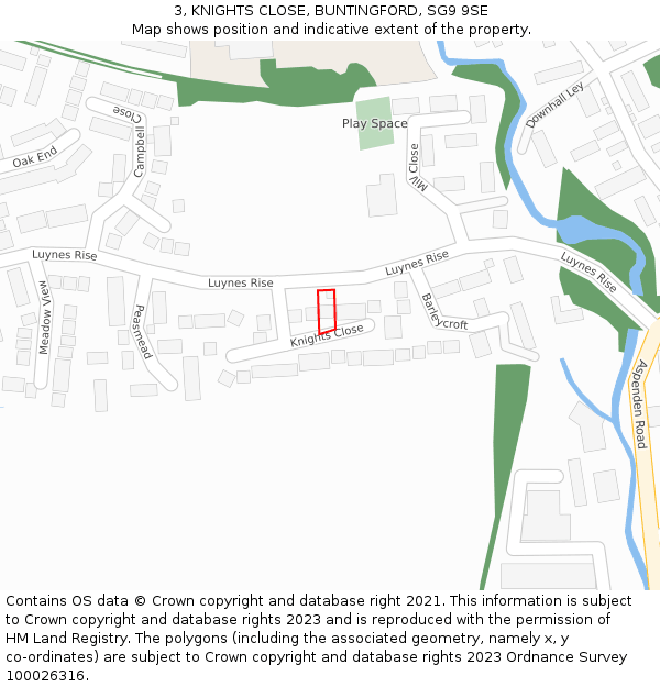 3, KNIGHTS CLOSE, BUNTINGFORD, SG9 9SE: Location map and indicative extent of plot