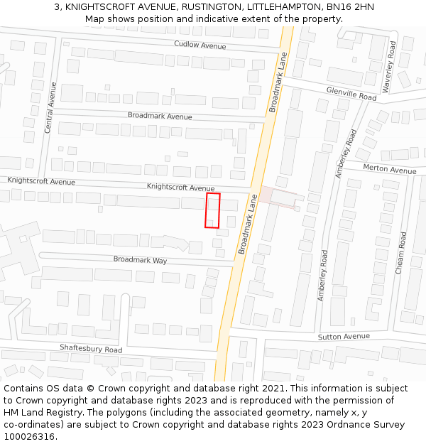 3, KNIGHTSCROFT AVENUE, RUSTINGTON, LITTLEHAMPTON, BN16 2HN: Location map and indicative extent of plot