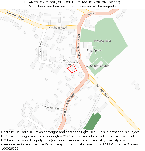 3, LANGSTON CLOSE, CHURCHILL, CHIPPING NORTON, OX7 6QT: Location map and indicative extent of plot
