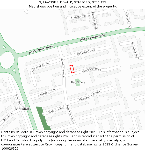 3, LAWNSFIELD WALK, STAFFORD, ST16 1TS: Location map and indicative extent of plot