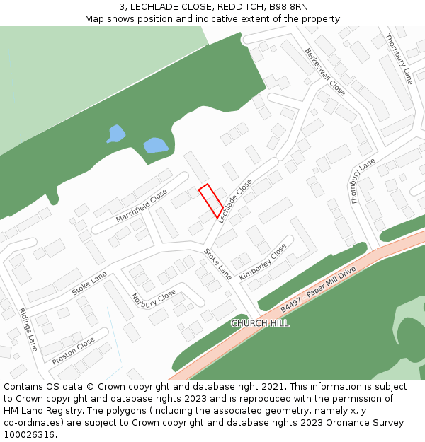 3, LECHLADE CLOSE, REDDITCH, B98 8RN: Location map and indicative extent of plot