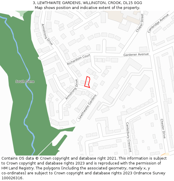 3, LEWTHWAITE GARDENS, WILLINGTON, CROOK, DL15 0GG: Location map and indicative extent of plot