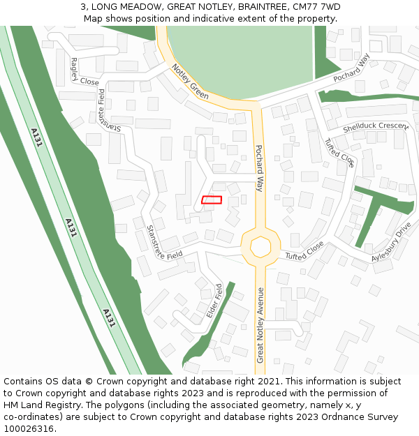 3, LONG MEADOW, GREAT NOTLEY, BRAINTREE, CM77 7WD: Location map and indicative extent of plot