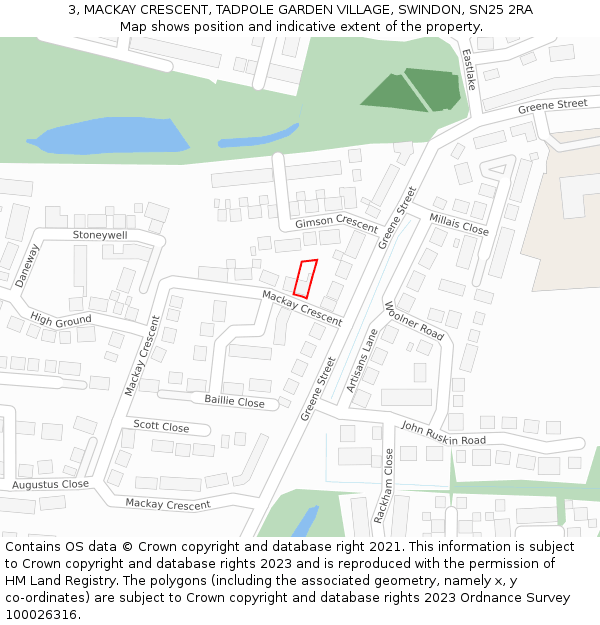 3, MACKAY CRESCENT, TADPOLE GARDEN VILLAGE, SWINDON, SN25 2RA: Location map and indicative extent of plot