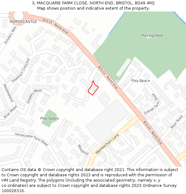 3, MACQUARIE FARM CLOSE, NORTH END, BRISTOL, BS49 4RQ: Location map and indicative extent of plot