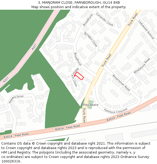 3, MARJORAM CLOSE, FARNBOROUGH, GU14 9XB: Location map and indicative extent of plot