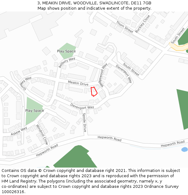 3, MEAKIN DRIVE, WOODVILLE, SWADLINCOTE, DE11 7GB: Location map and indicative extent of plot