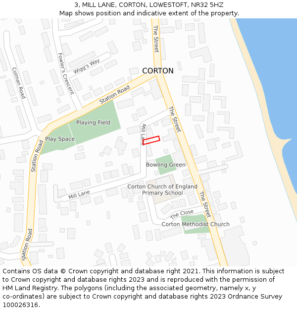 3, MILL LANE, CORTON, LOWESTOFT, NR32 5HZ: Location map and indicative extent of plot