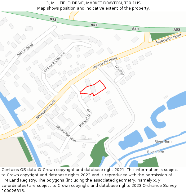 3, MILLFIELD DRIVE, MARKET DRAYTON, TF9 1HS: Location map and indicative extent of plot