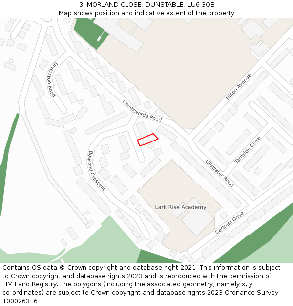 3, MORLAND CLOSE, DUNSTABLE, LU6 3QB: Location map and indicative extent of plot