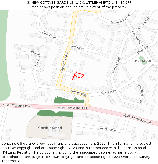 3, NEW COTTAGE GARDENS, WICK, LITTLEHAMPTON, BN17 6FF: Location map and indicative extent of plot