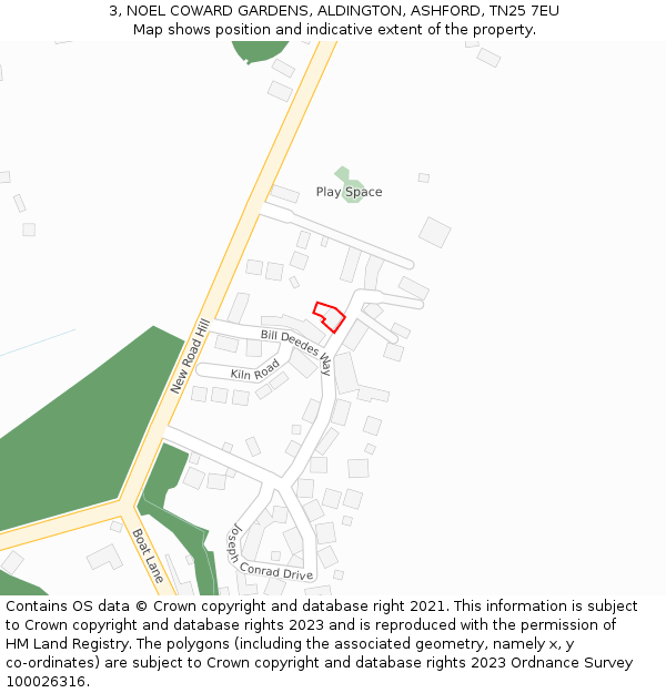 3, NOEL COWARD GARDENS, ALDINGTON, ASHFORD, TN25 7EU: Location map and indicative extent of plot