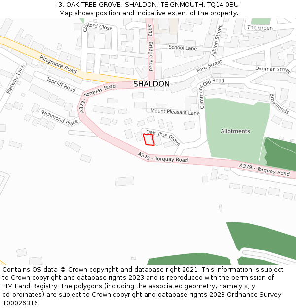 3, OAK TREE GROVE, SHALDON, TEIGNMOUTH, TQ14 0BU: Location map and indicative extent of plot