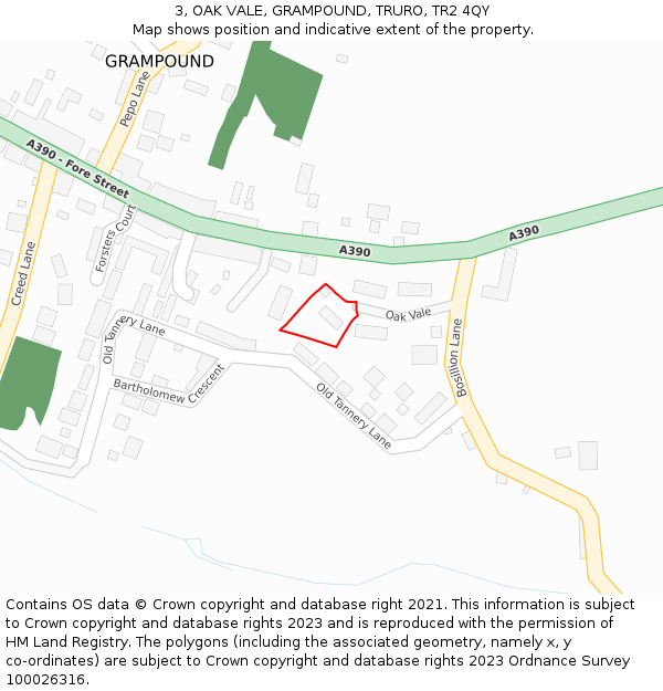 3, OAK VALE, GRAMPOUND, TRURO, TR2 4QY: Location map and indicative extent of plot