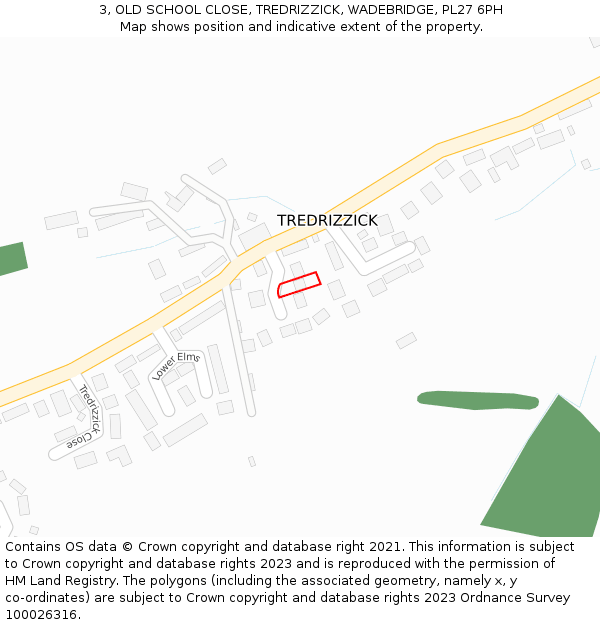 3, OLD SCHOOL CLOSE, TREDRIZZICK, WADEBRIDGE, PL27 6PH: Location map and indicative extent of plot