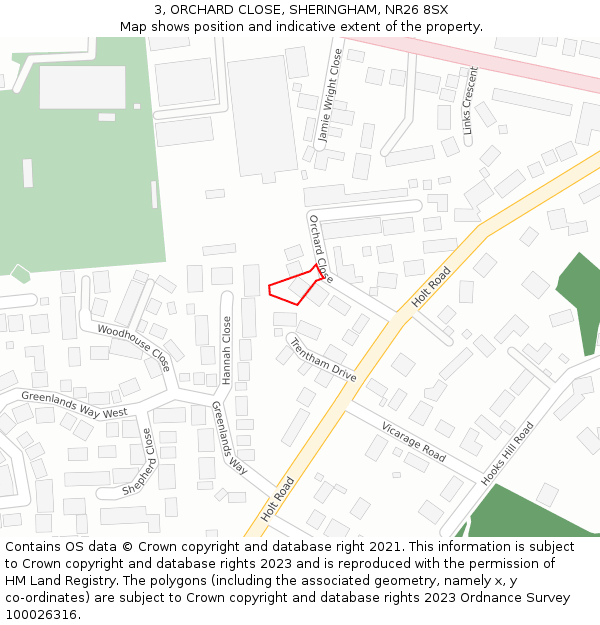 3, ORCHARD CLOSE, SHERINGHAM, NR26 8SX: Location map and indicative extent of plot