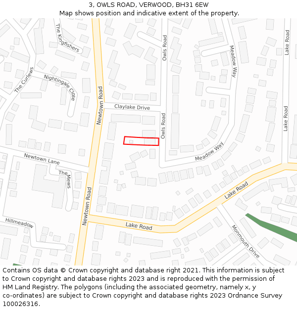 3, OWLS ROAD, VERWOOD, BH31 6EW: Location map and indicative extent of plot