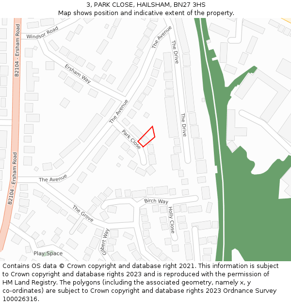 3, PARK CLOSE, HAILSHAM, BN27 3HS: Location map and indicative extent of plot