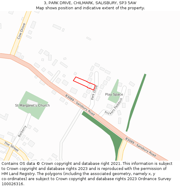 3, PARK DRIVE, CHILMARK, SALISBURY, SP3 5AW: Location map and indicative extent of plot