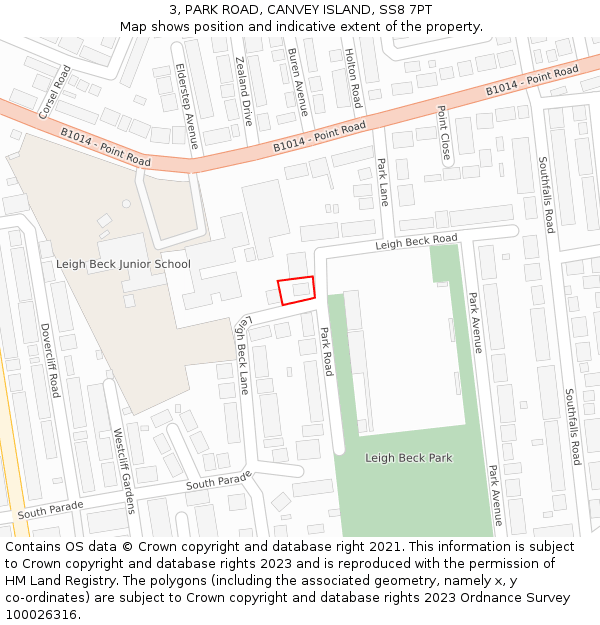 3, PARK ROAD, CANVEY ISLAND, SS8 7PT: Location map and indicative extent of plot