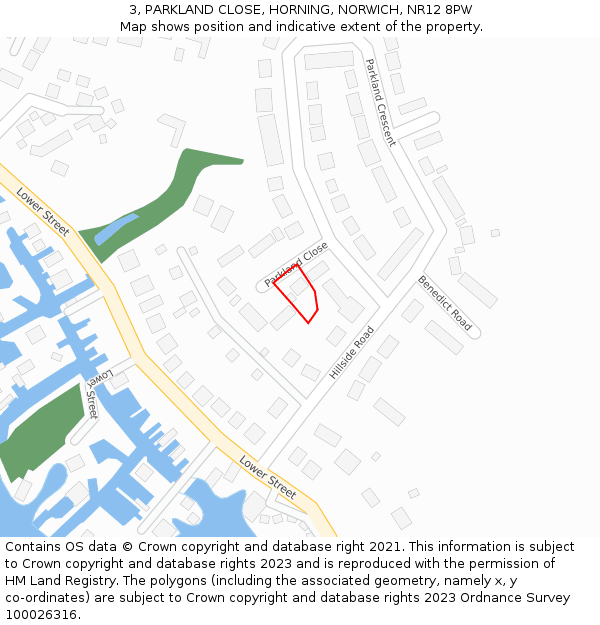 3, PARKLAND CLOSE, HORNING, NORWICH, NR12 8PW: Location map and indicative extent of plot