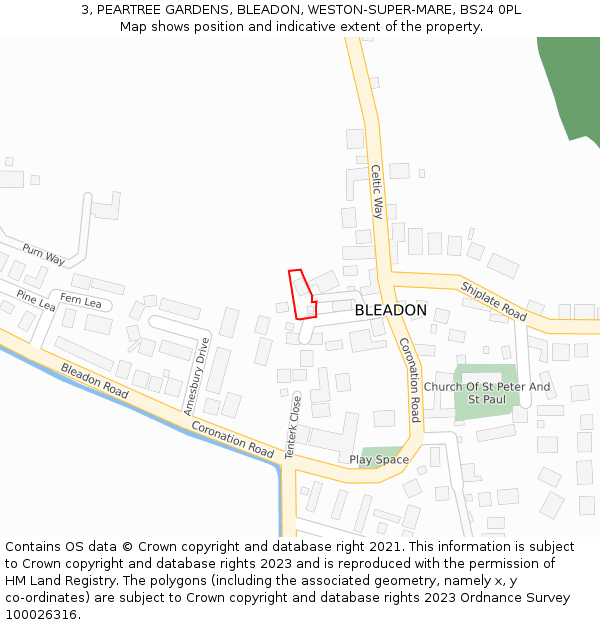 3, PEARTREE GARDENS, BLEADON, WESTON-SUPER-MARE, BS24 0PL: Location map and indicative extent of plot