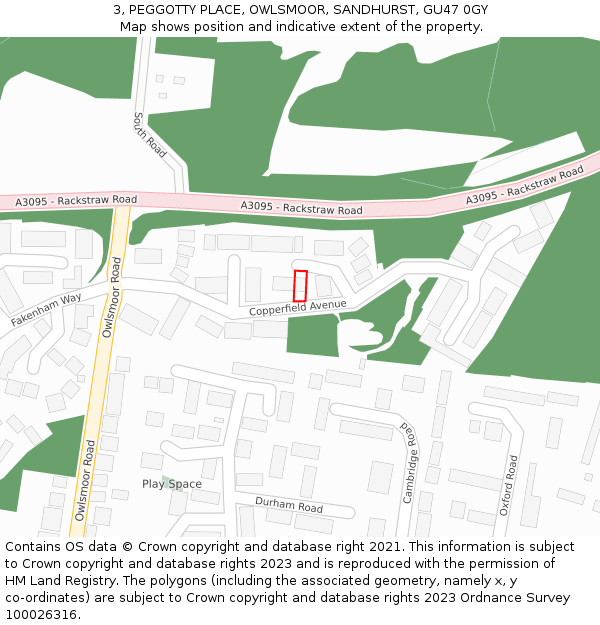 3, PEGGOTTY PLACE, OWLSMOOR, SANDHURST, GU47 0GY: Location map and indicative extent of plot