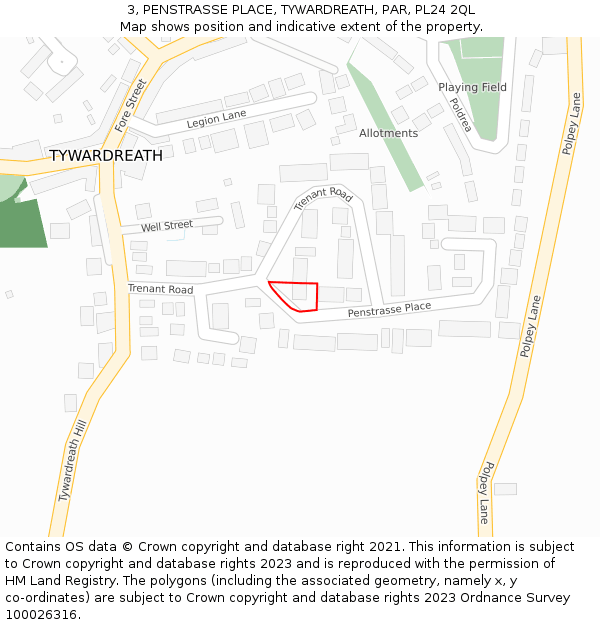 3, PENSTRASSE PLACE, TYWARDREATH, PAR, PL24 2QL: Location map and indicative extent of plot