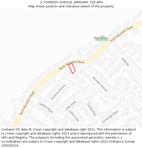 3, POMEROY AVENUE, BRIXHAM, TQ5 8PN: Location map and indicative extent of plot