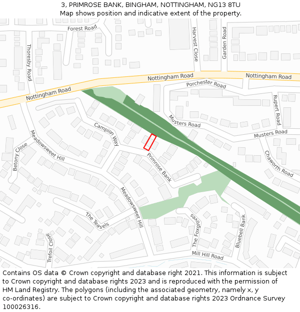 3, PRIMROSE BANK, BINGHAM, NOTTINGHAM, NG13 8TU: Location map and indicative extent of plot