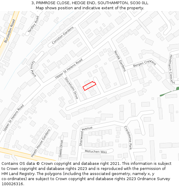 3, PRIMROSE CLOSE, HEDGE END, SOUTHAMPTON, SO30 0LL: Location map and indicative extent of plot