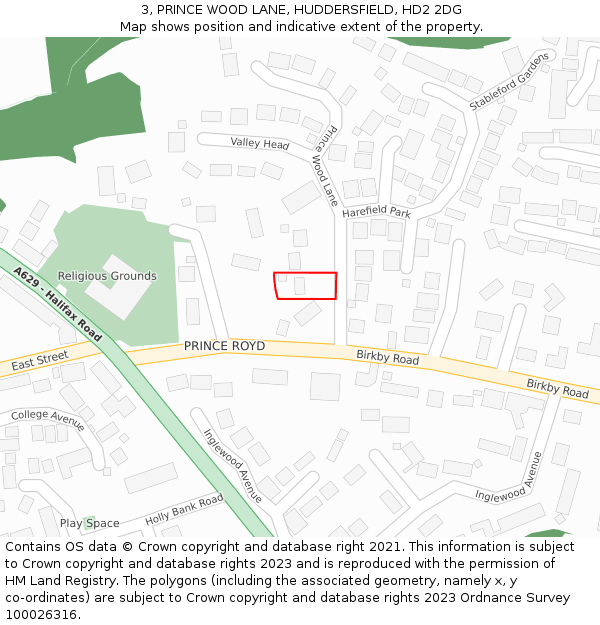 3, PRINCE WOOD LANE, HUDDERSFIELD, HD2 2DG: Location map and indicative extent of plot