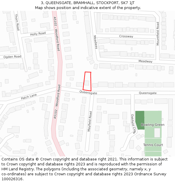 3, QUEENSGATE, BRAMHALL, STOCKPORT, SK7 1JT: Location map and indicative extent of plot