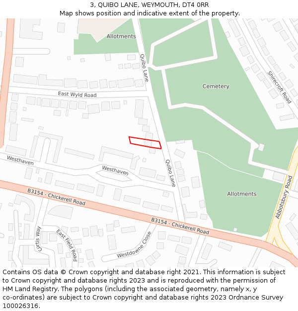 3, QUIBO LANE, WEYMOUTH, DT4 0RR: Location map and indicative extent of plot